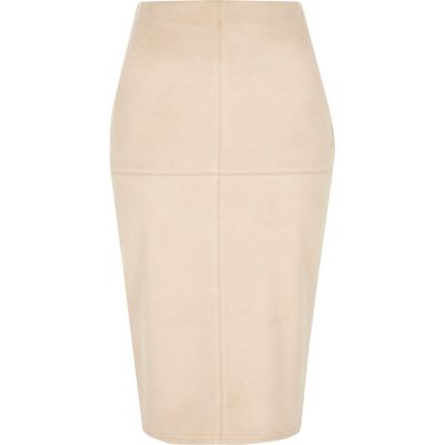 Light pink faux suede midi pencil skirt